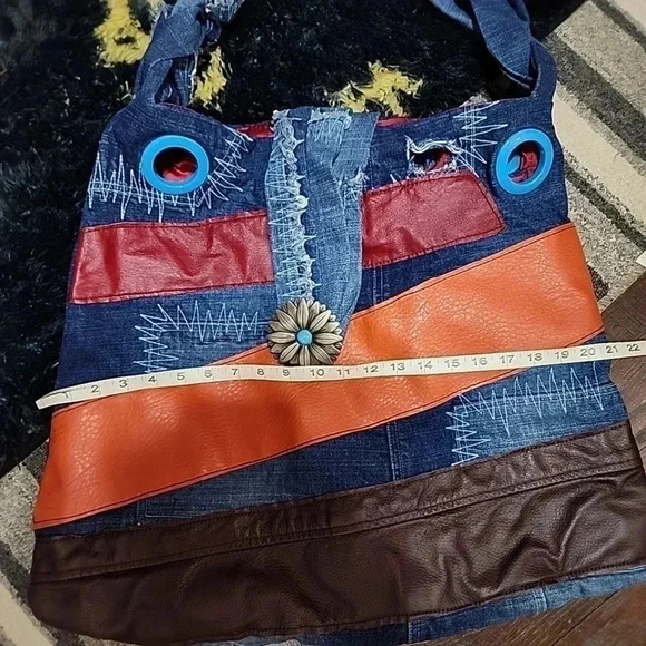 UPCYCLED Vintage Southpole extra large boho leather patchwork Hobo bag - Picture 10 of 12